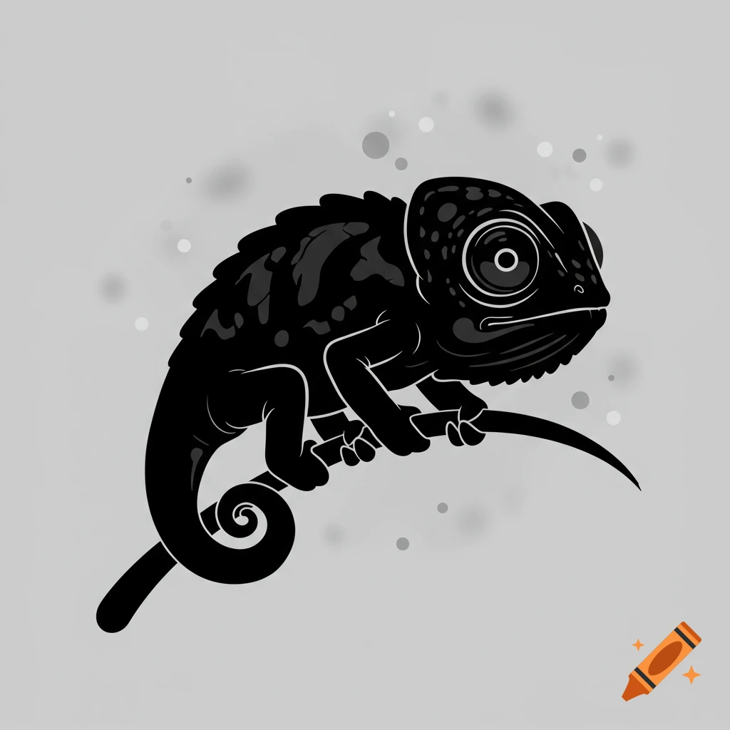 A vector illustration of a solid black chameleon with white outlines, perched on a branch on a light gray background.