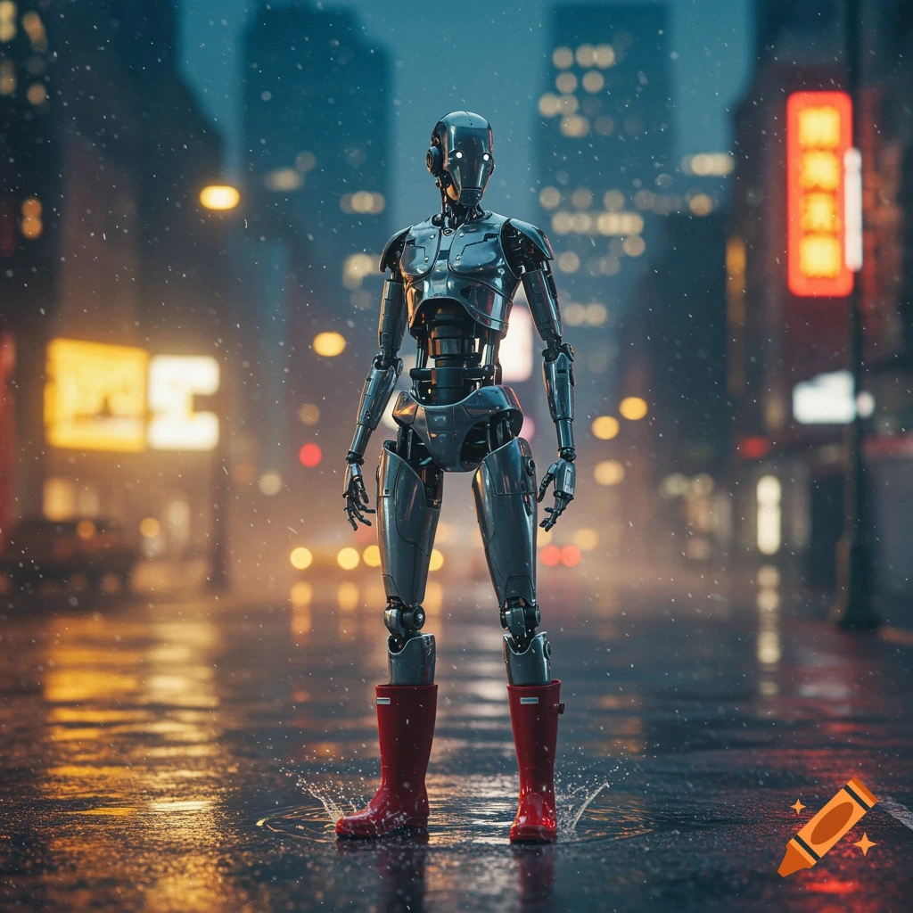 A metallic robot with glowing white eyes and red wellington boots stands in a rainy city street at night, with blurred city lights and buildings in the background.
