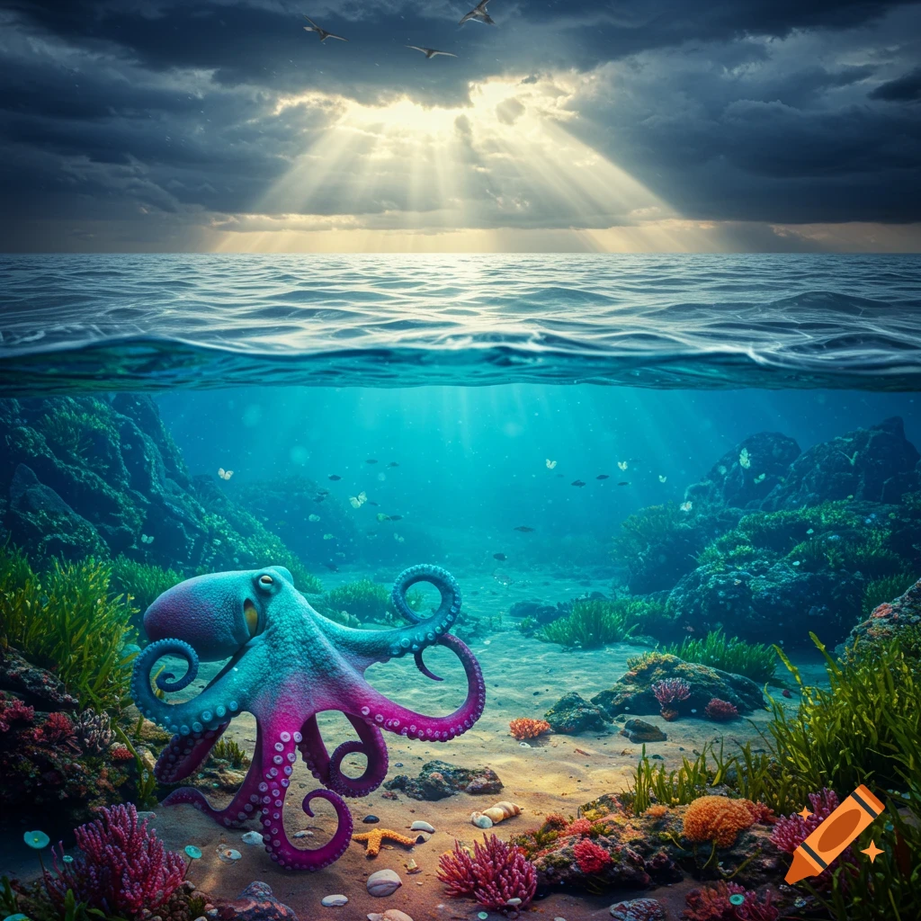 A vibrant blue and pink octopus on the ocean floor with corals, as sunrays pierce stormy clouds above the water.