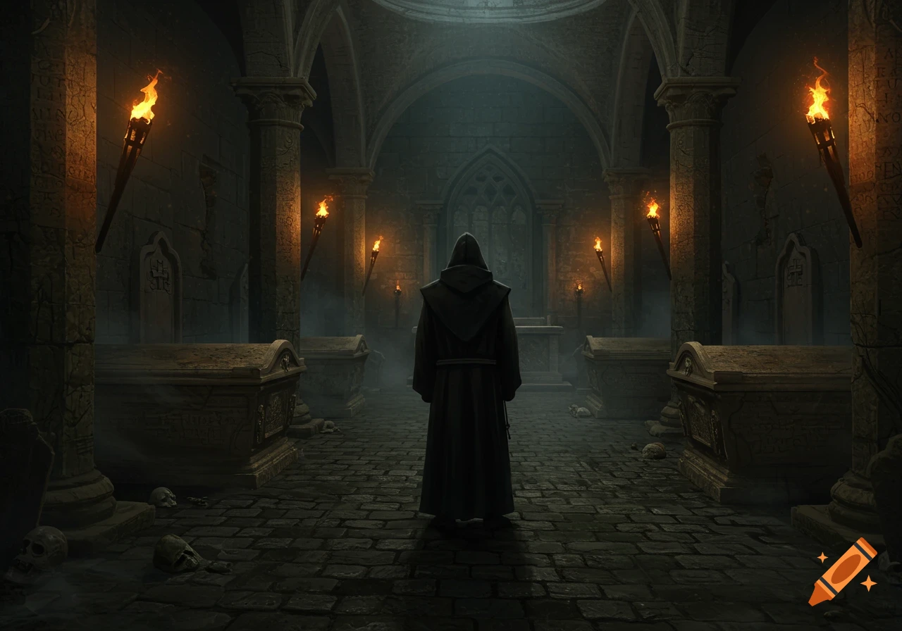 A hooded monk stands in a dark, torch-lit crypt filled with stone coffins and scattered skulls.