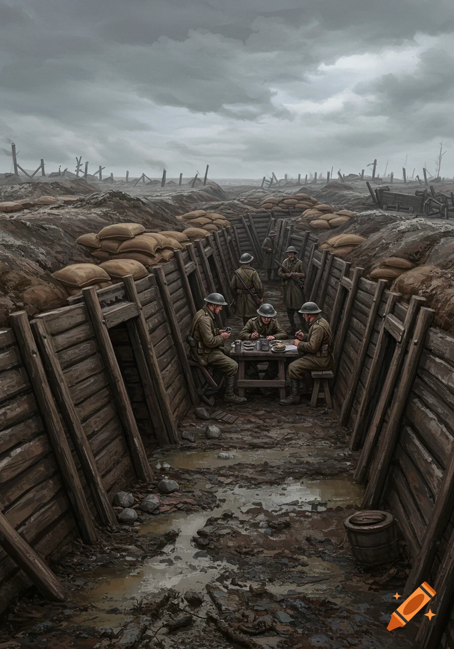 Illustrated scene of WWI soldiers resting in a muddy, zig-zagged trench under a grey, cloudy sky.