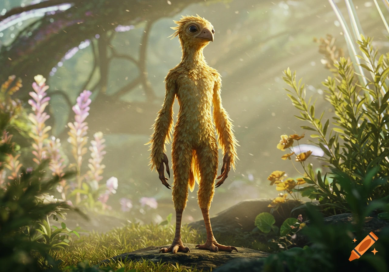A feathered humanoid alien with golden plumage stands in a lush, sunlit, fantastical forest, looking forward.