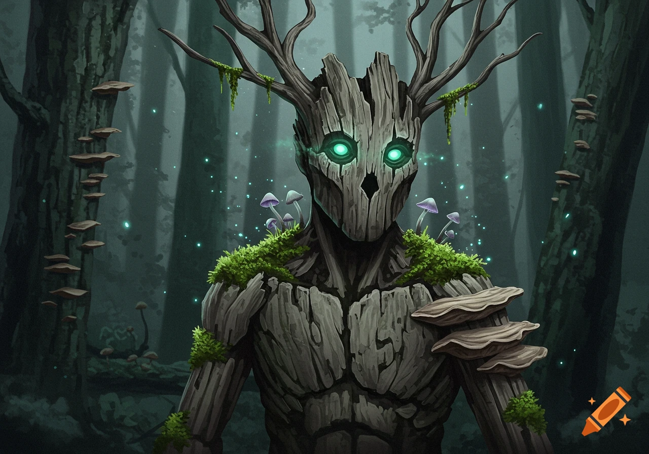 A human-shaped creature made of weathered wood with glowing green eyes, moss, and purple mushrooms on its shoulders, stands in a dark, misty forest.