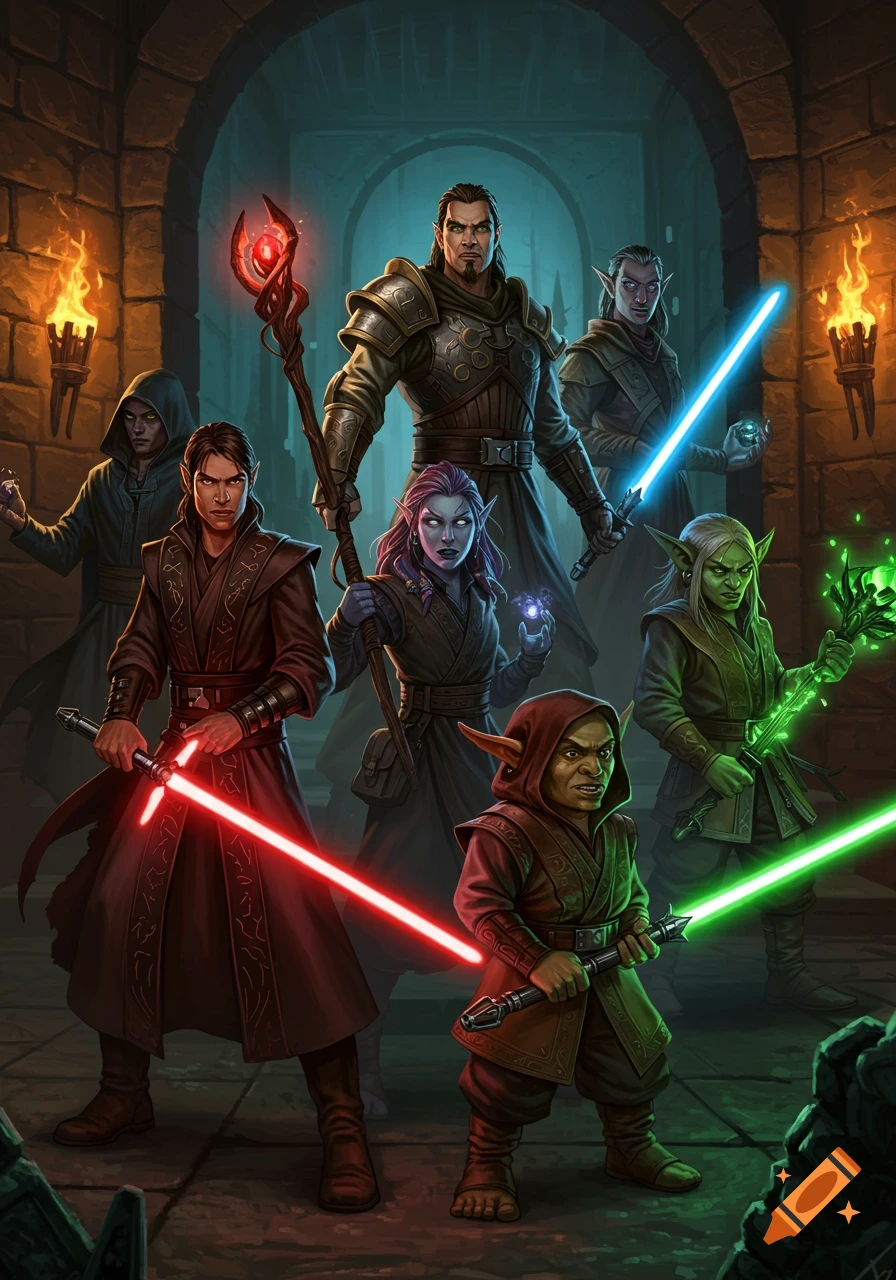 Seven diverse fantasy characters, including humans, elves, and gnomes, stand in a dimly lit dungeon with glowing weapons and magical effects.