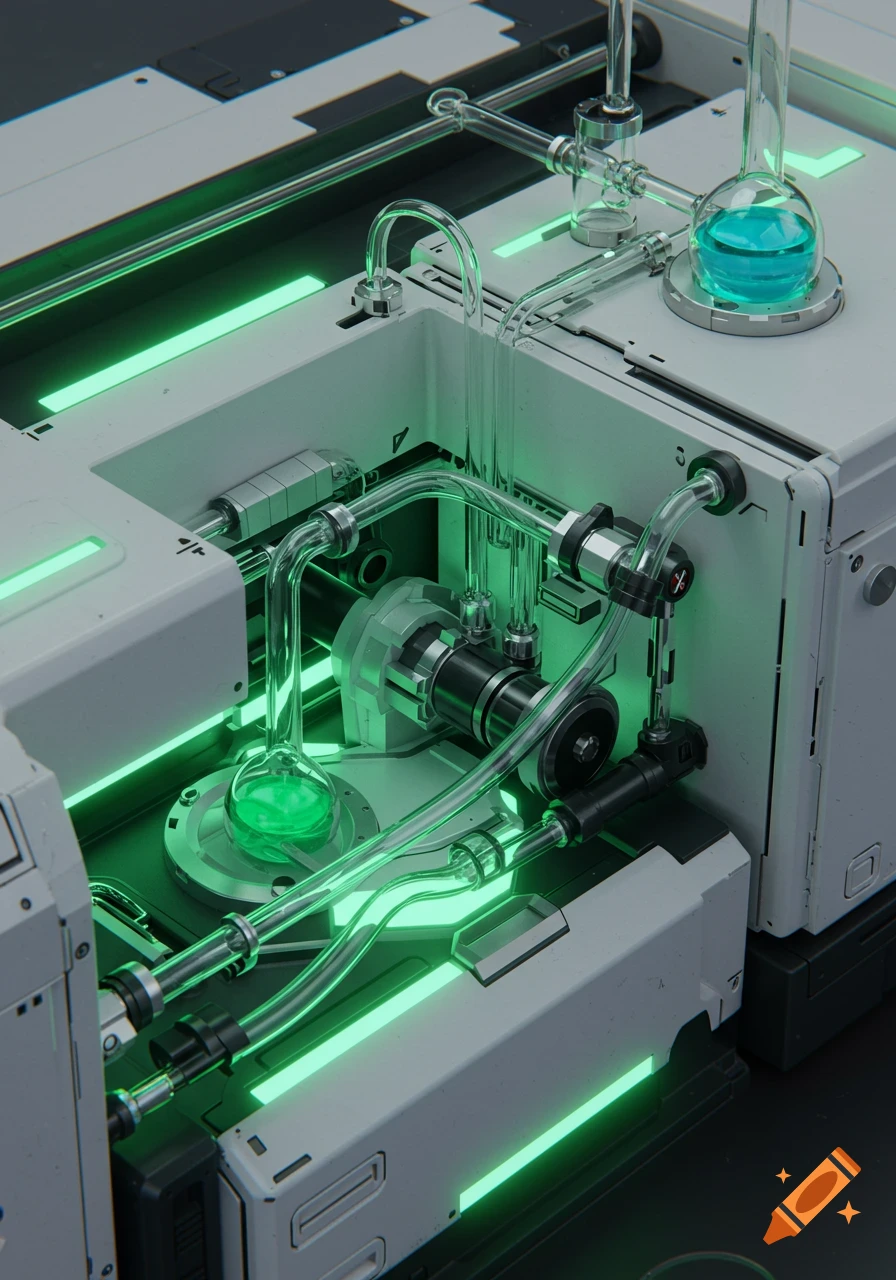 A futuristic white sci-fi machine with glowing green accents, intricate glass tubing, and beakers containing blue and green liquids.