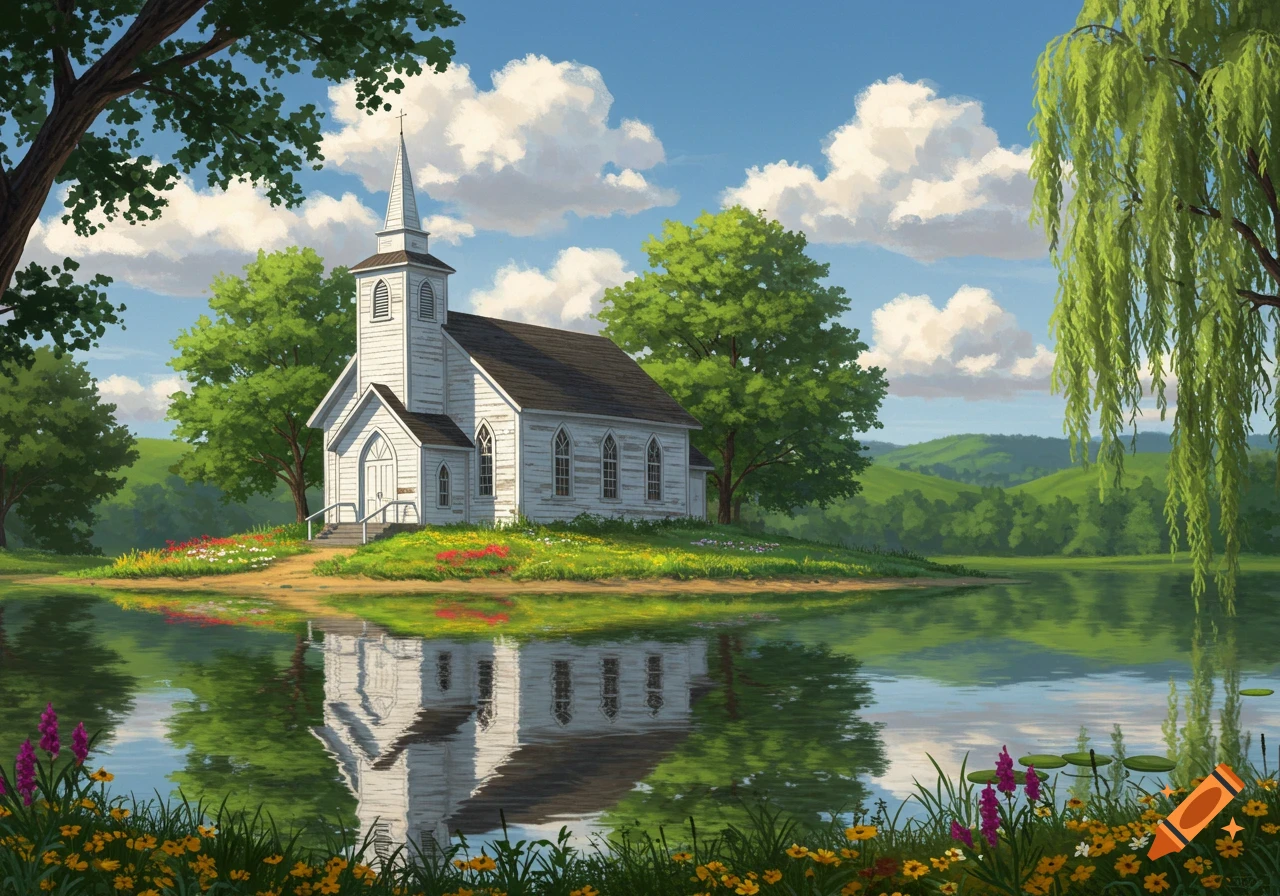 A white church with a steeple stands on a grassy hill by a calm lake, surrounded by trees and wildflowers, reflected in the water.