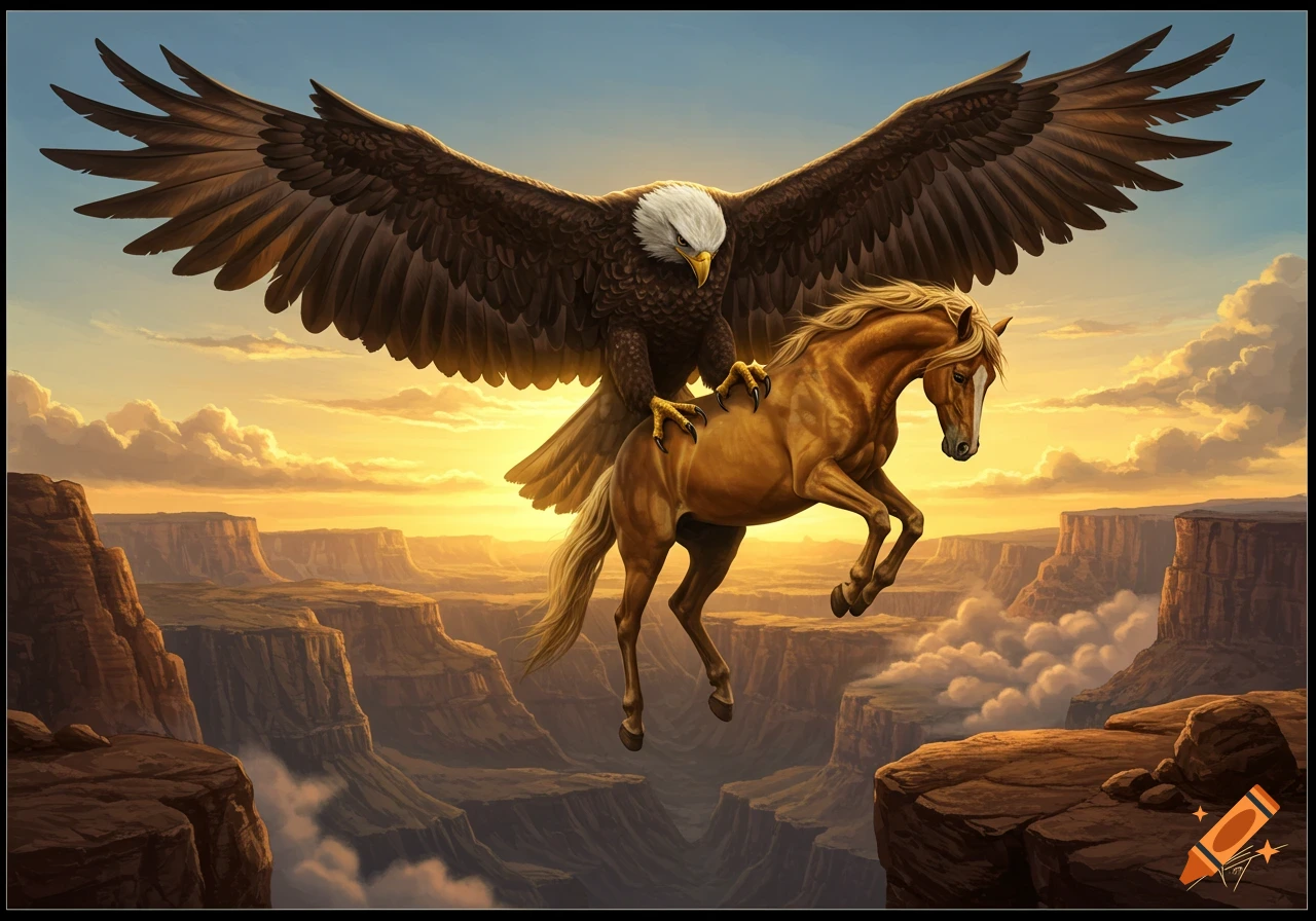 A large eagle carries a horse over a vast canyon landscape at sunset, in a majestic fantasy art style.
