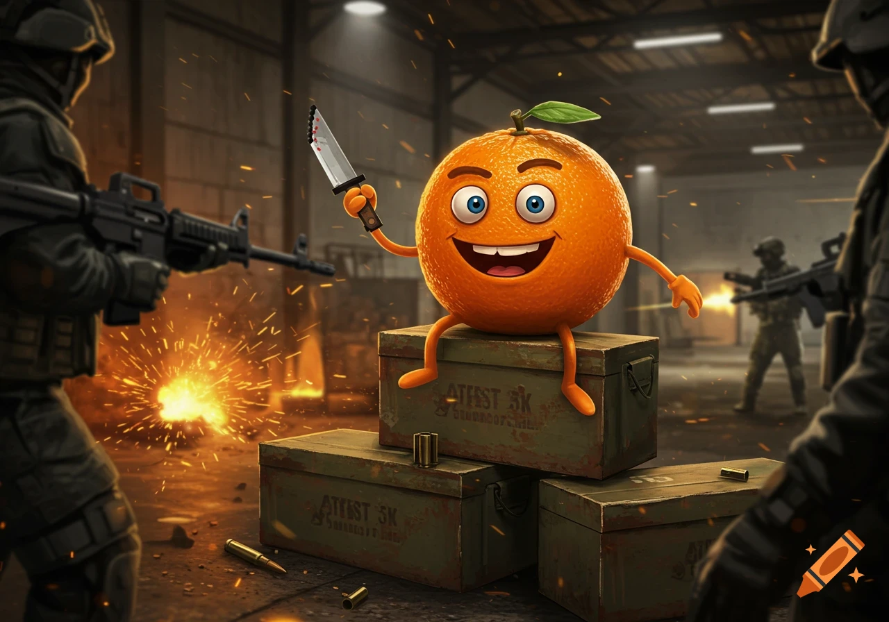 A smiling cartoon orange character holding a bloody knife sits on military crates while armed soldiers engage in a firefight around him in a warehouse.