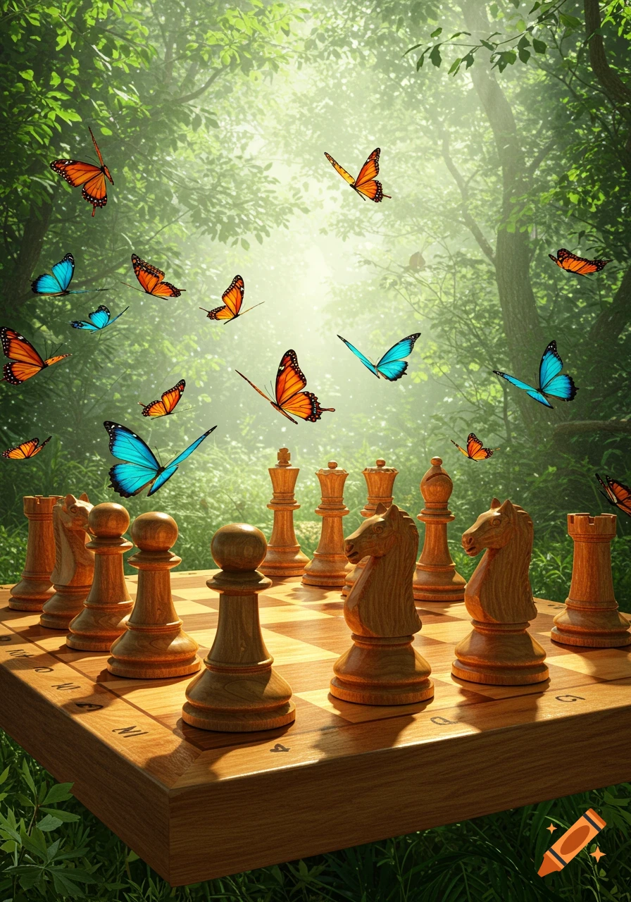 Colorful butterflies fly around a polished wooden chess board with pieces in a sunlit forest.