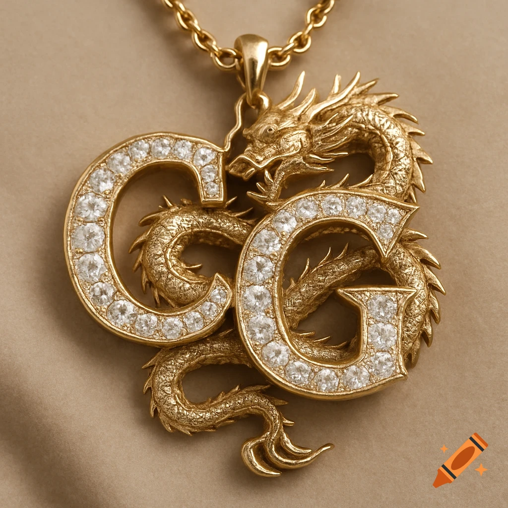 A detailed golden pendant with diamond-encrusted 'CG' letters and a Chinese dragon, on a light brown surface.