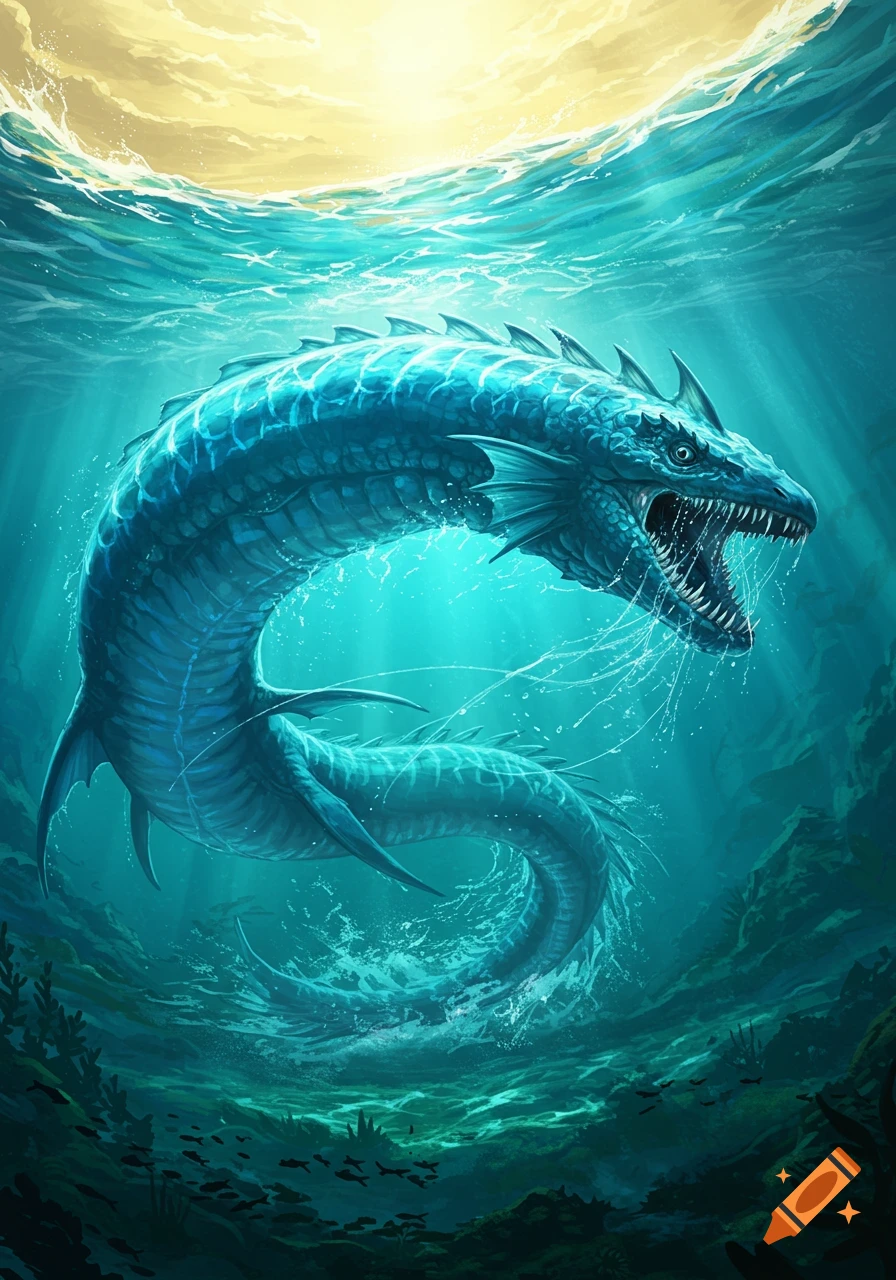 A massive, blue sea creature with sharp teeth and fins swims underwater, illuminated by sunrays from the surface.
