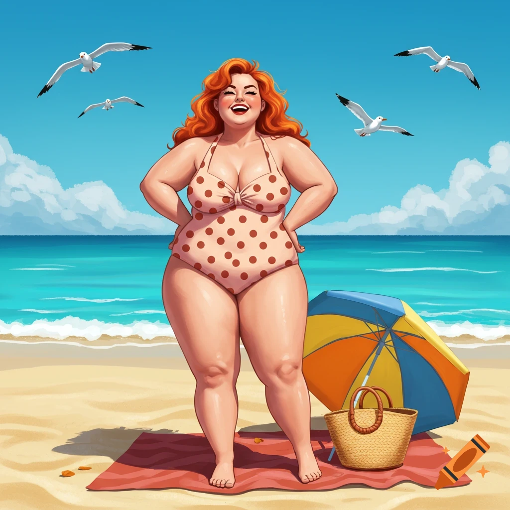 A smiling, red-haired woman in a polka-dot swimsuit stands on a sandy beach with an umbrella and seagulls under a blue sky.