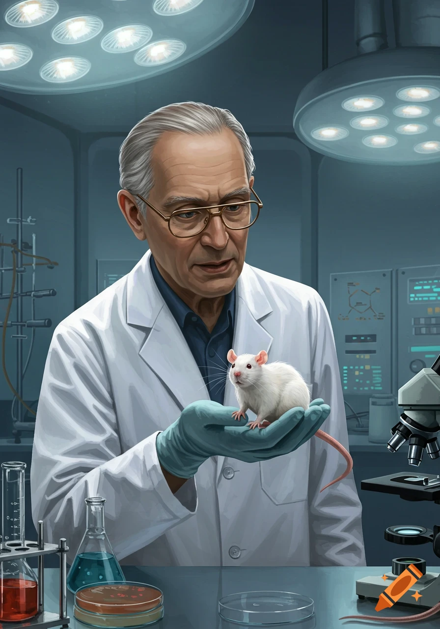 An older scientist in a white lab coat and blue gloves holds a white lab rat in a laboratory setting.