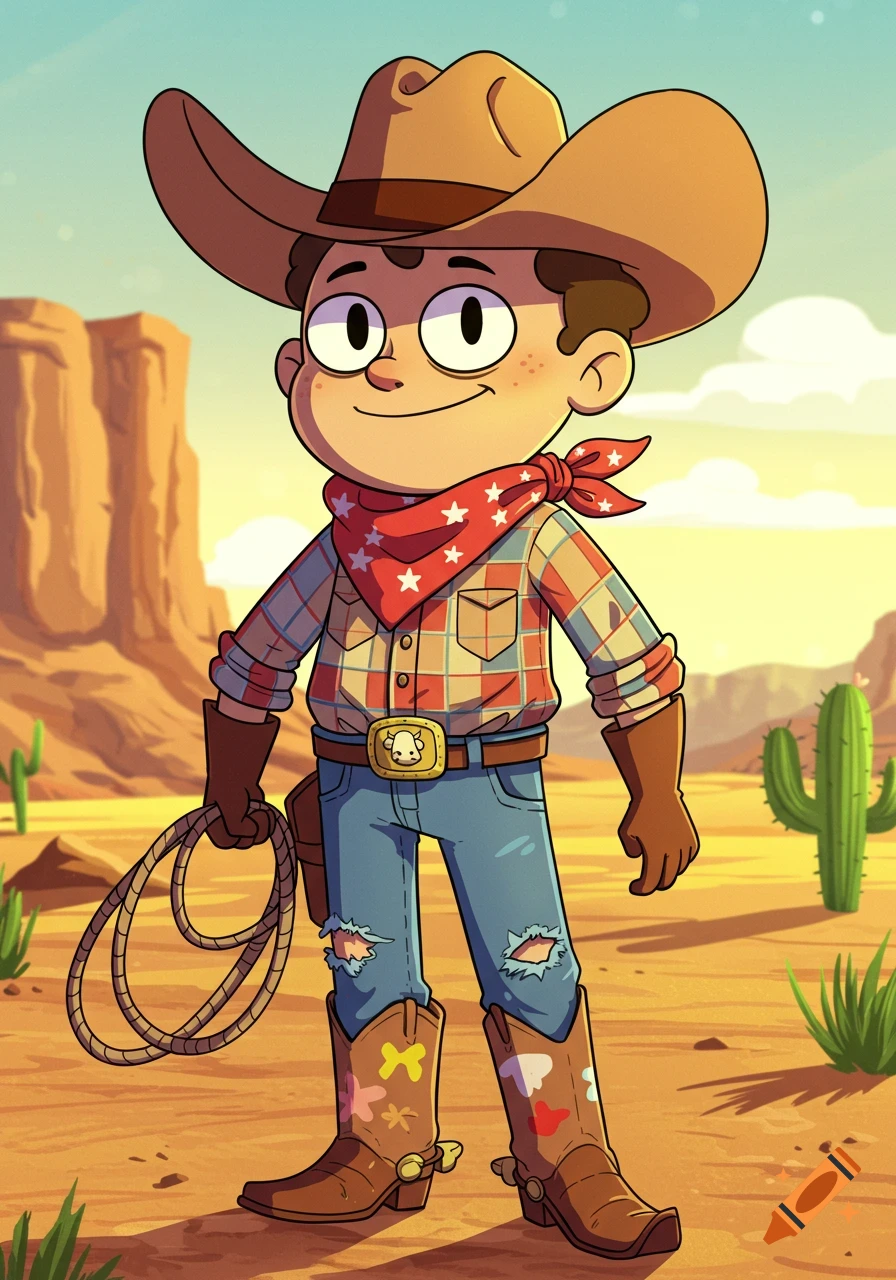 A cartoon boy dressed as a cowboy with a hat, plaid shirt, jeans, and boots, holding a lasso, standing in a desert with cacti.