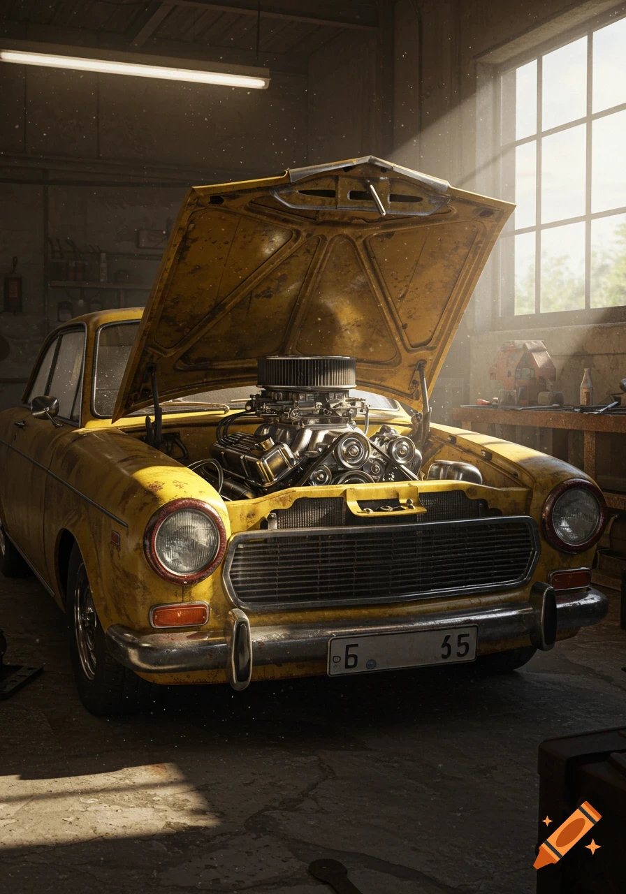 A worn yellow classic car with its hood open, revealing a large engine, sits in a dusty garage with sunlight streaming through a window.