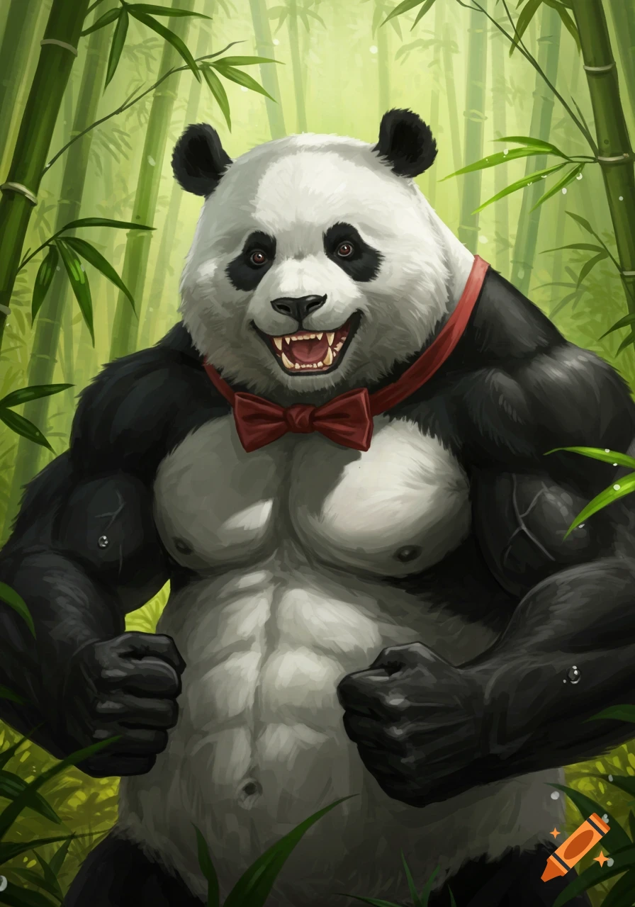 A muscular panda wearing a red bow tie smiles, showing sharp teeth, in a lush bamboo forest.