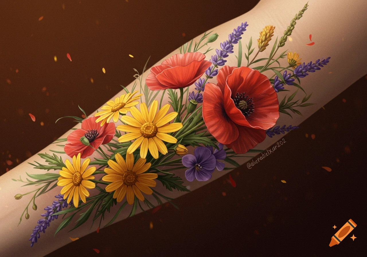 A colorful tattoo of poppies, daisies, and lavender flowers on a person's arm.