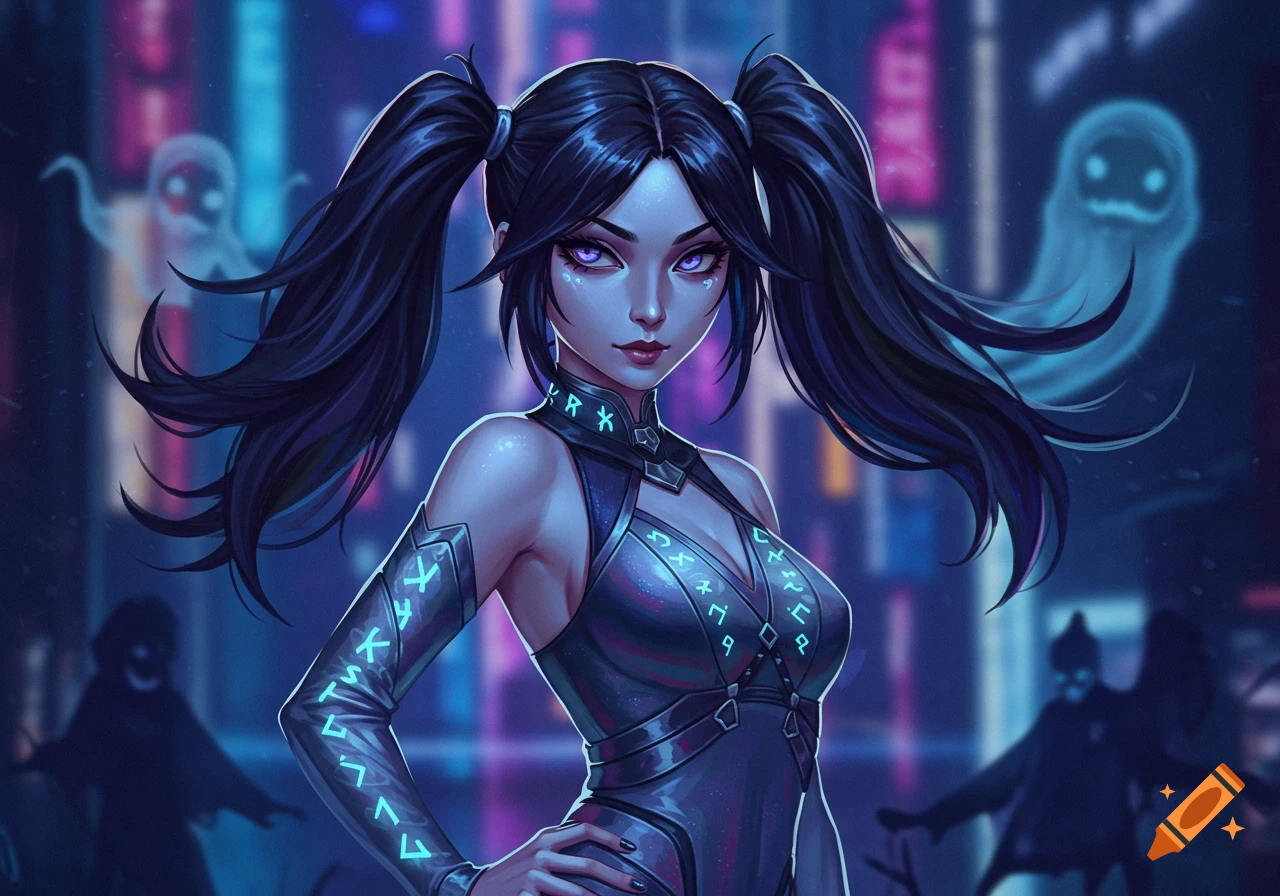 Stylized woman with black pigtails, glowing purple eyes, and a futuristic outfit with blue symbols in a neon city with ghosts.
