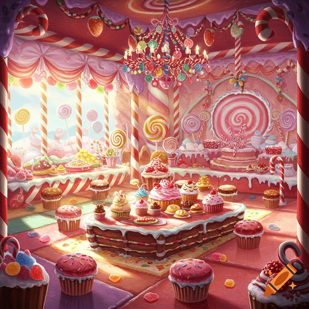 A whimsical room decorated with candies, cupcakes, lollipops, and candy canes, with a large candy chandelier and sweet treats filling the scene.