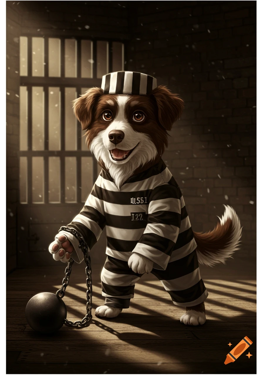 A cute cartoon dog wearing a black and white striped prisoner uniform and hat, holding a metal ball and chain, stands smiling in a prison cell.