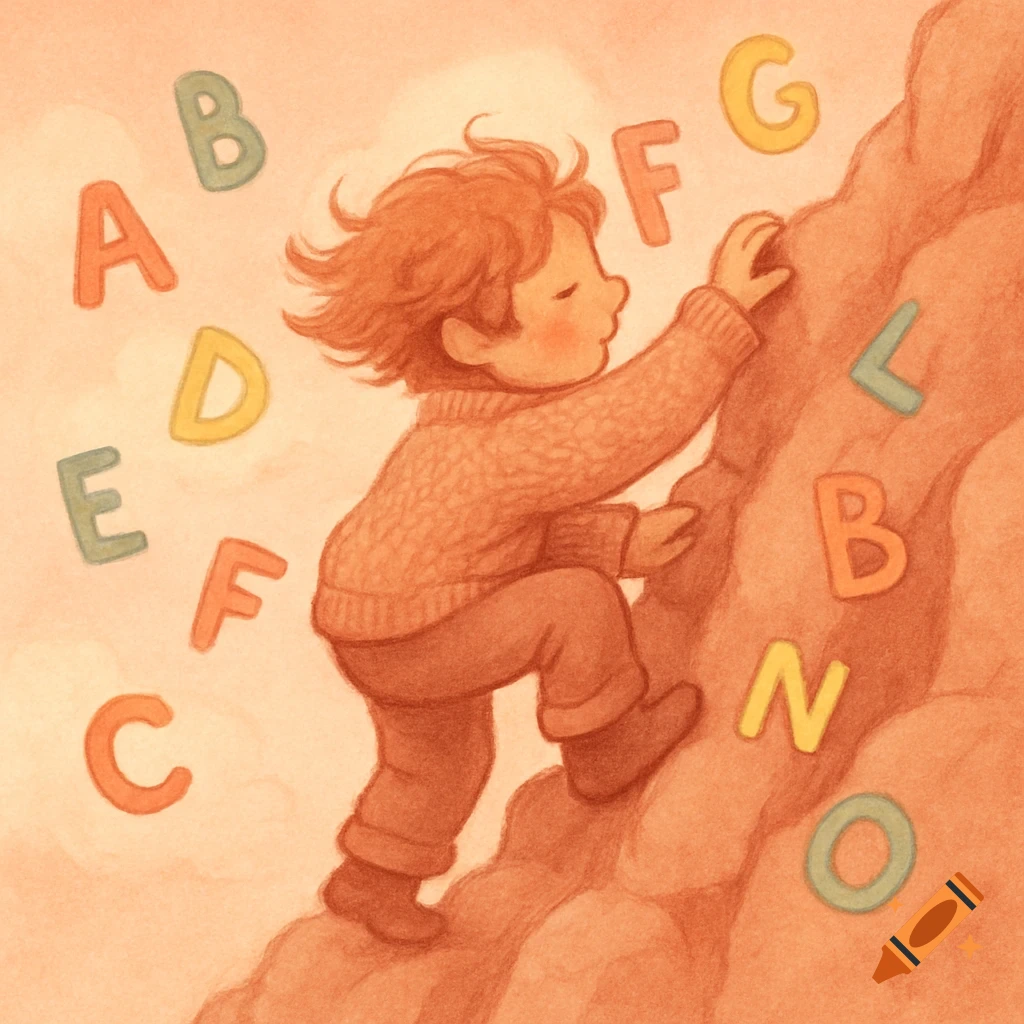 Whimsical illustration of a child climbing a rocky cliff with floating alphabet letters in warm watercolor tones.