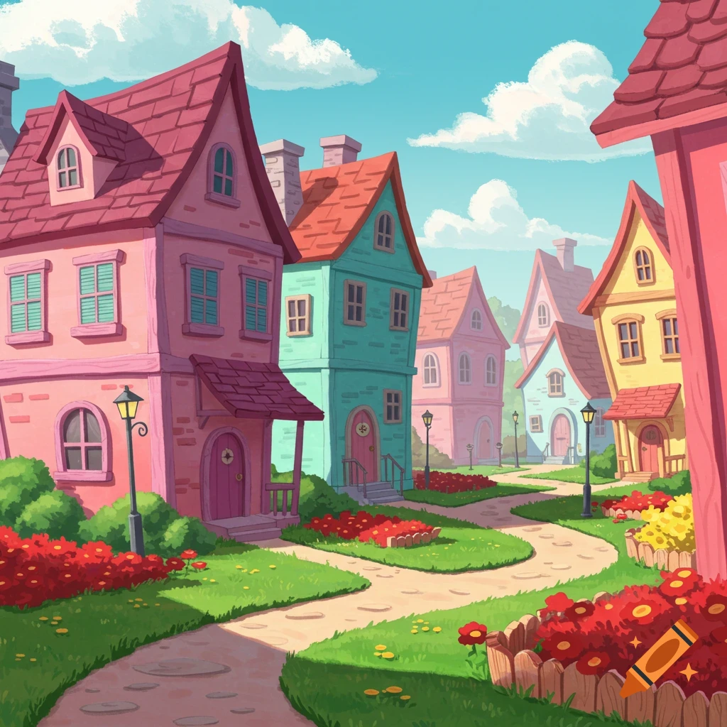 A vibrant cartoon town street with colorful houses, green lawns, and red flowers under a blue sky.