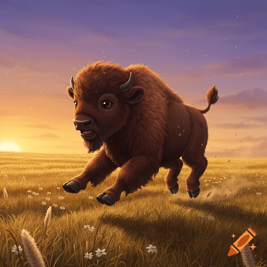 A cute brown buffalo calf runs through a field of tall grass with white flowers at sunset, in a cartoon-like style.