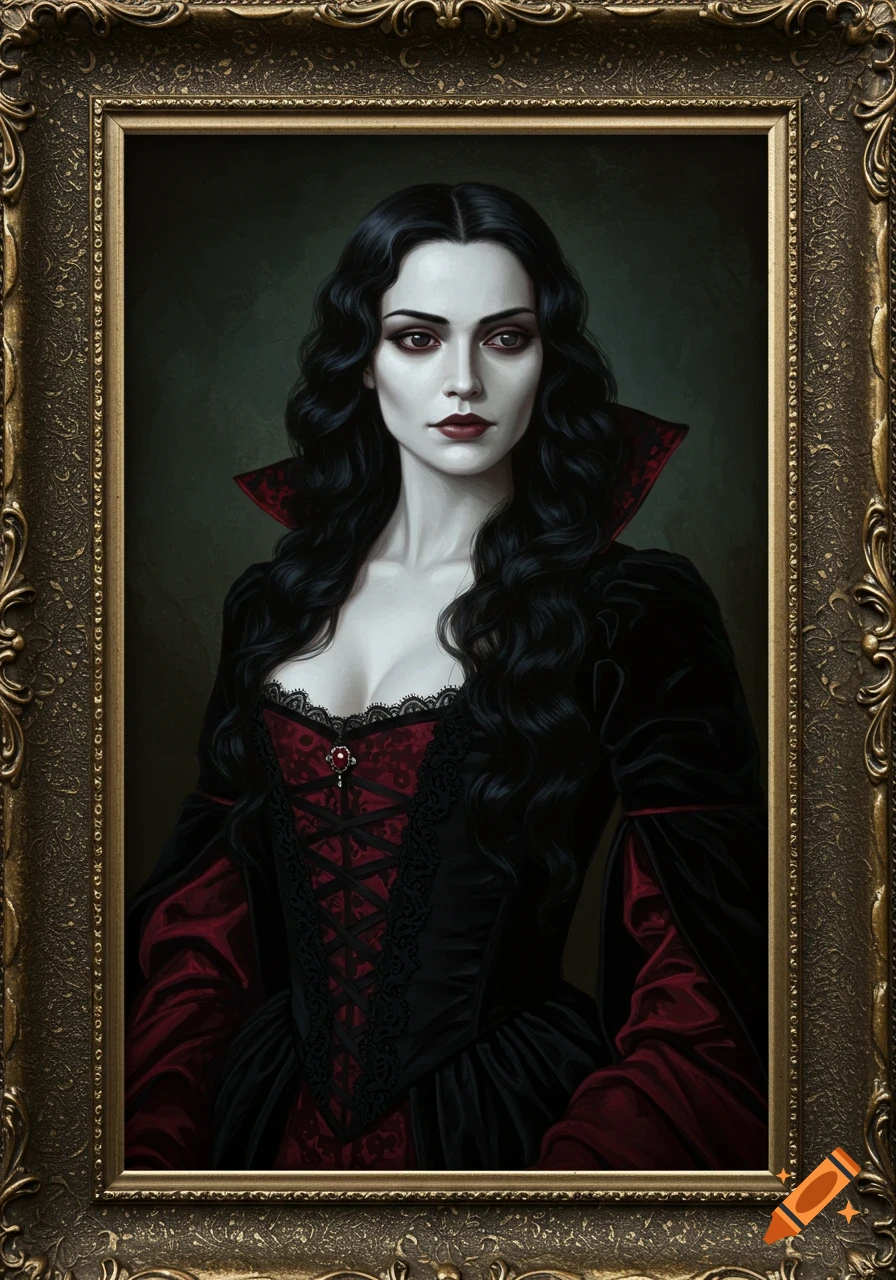 Oil portrait painting of a pale vampire woman with long black wavy hair, wearing a black and red gothic gown, framed in an ornate bronze frame.