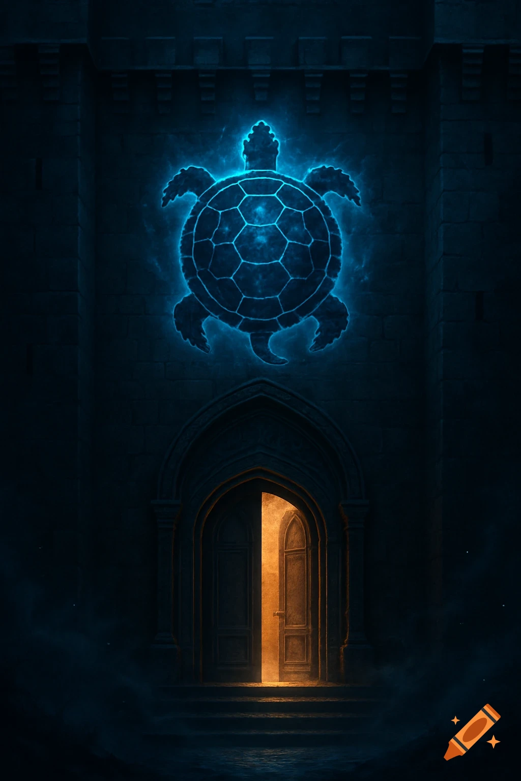 A glowing blue turtle emblem illuminates a dark fortress wall above an open, glowing golden portal door.