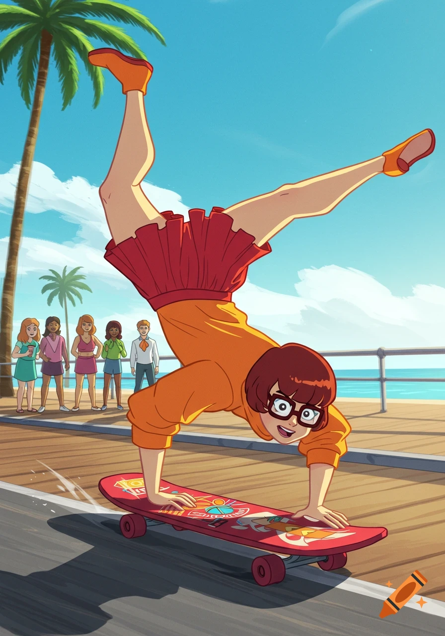Velma from Scooby-Doo doing a handstand on a red skateboard on a boardwalk with a beach and palm trees in the background, in an animated style.