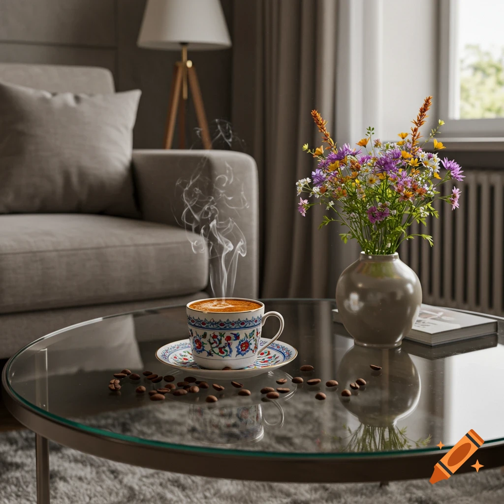 A steaming cup of Turkish coffee on a glass table with scattered coffee beans and a vase of colorful flowers in a modern living room.