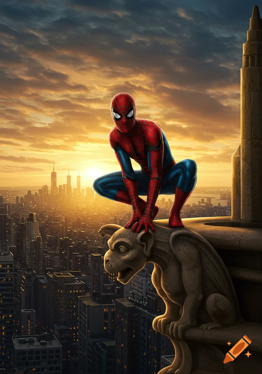 Spider-Man crouches on a gargoyle overlooking a golden sunset over a sprawling city.