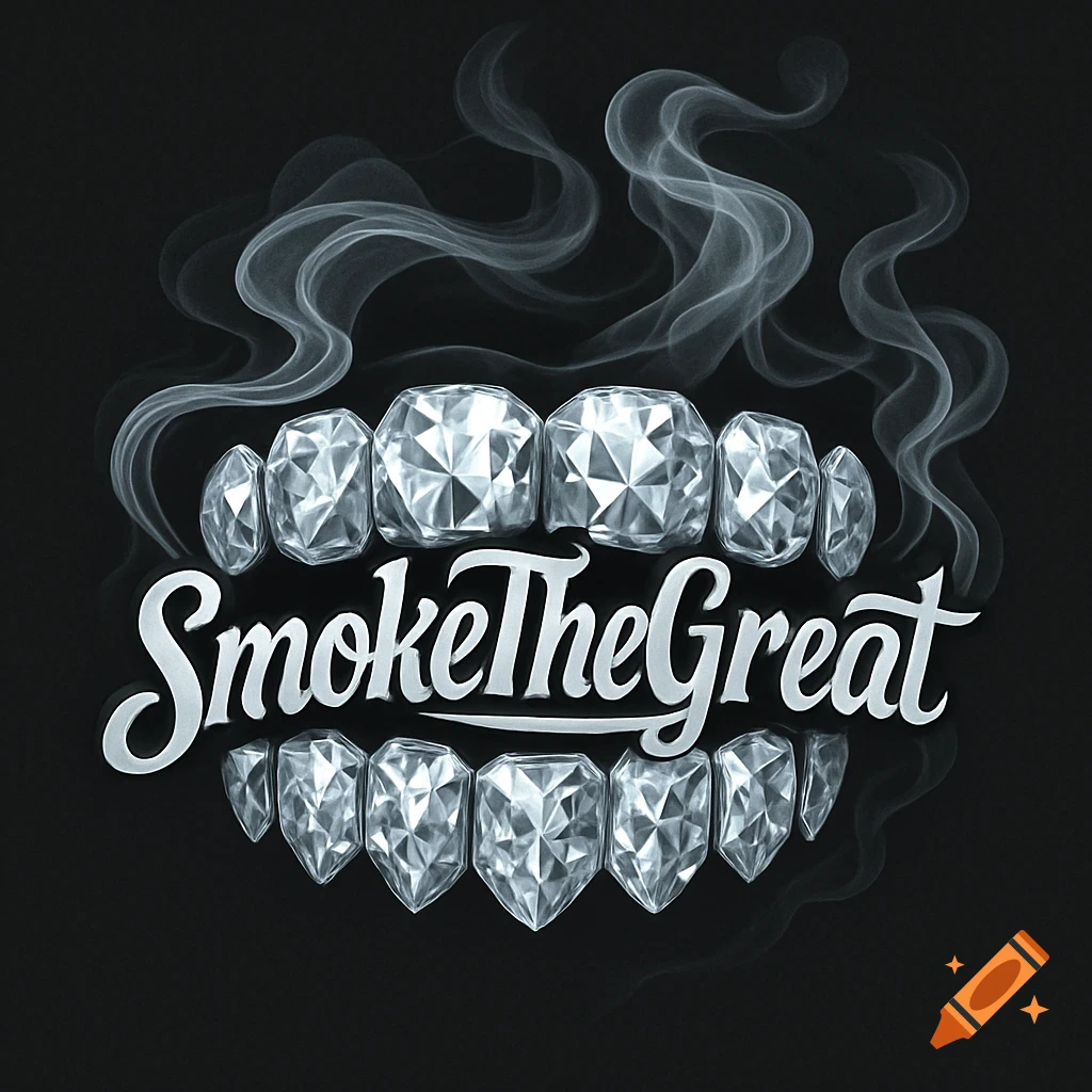 Logo featuring diamond teeth with the text 'SmokeTheGreat' and smoke rising above on a dark background.