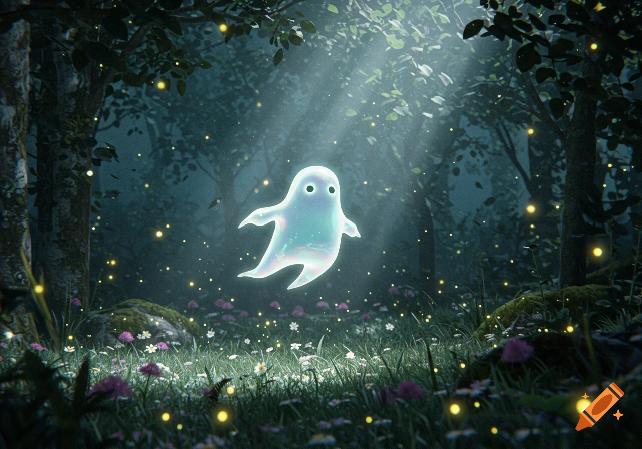 A glowing, ethereal ghost floats in a magical forest with sunbeams and fireflies amidst wildflowers.