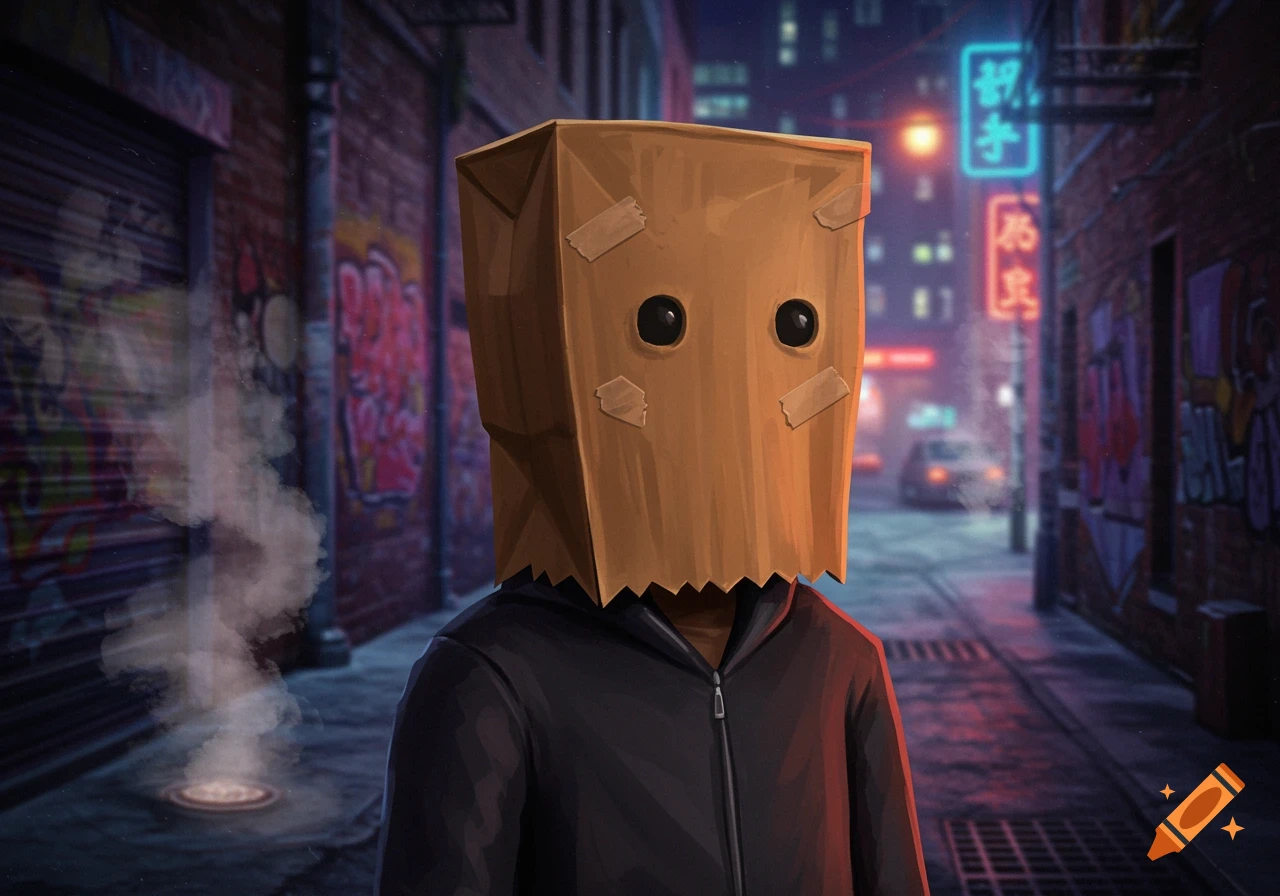 A person wearing a brown paper bag over their head with two dark eyes and taped-on eyebrows, standing in a dark, moody alleyway at night with neon signs and graffiti.