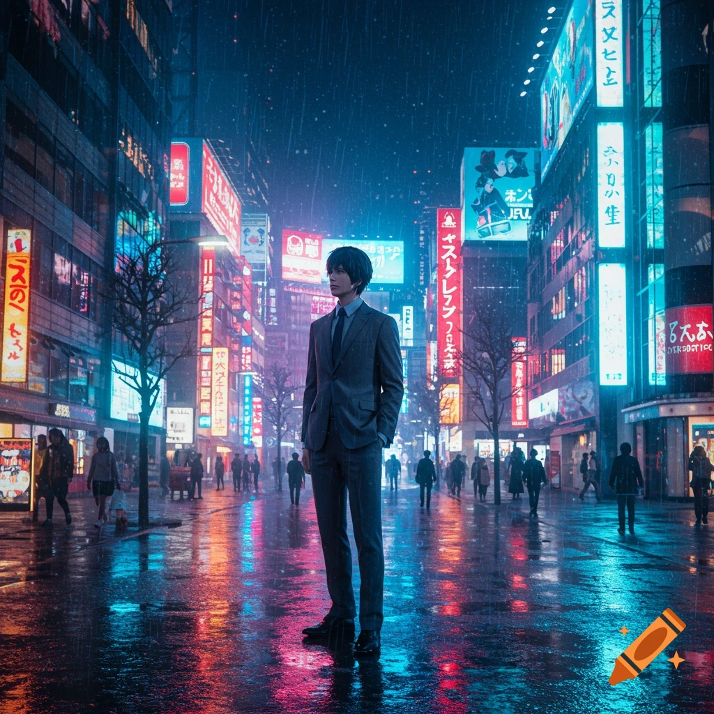 A man in a dark suit stands alone on a wet city street at night, illuminated by vibrant neon signs reflecting on the pavement.