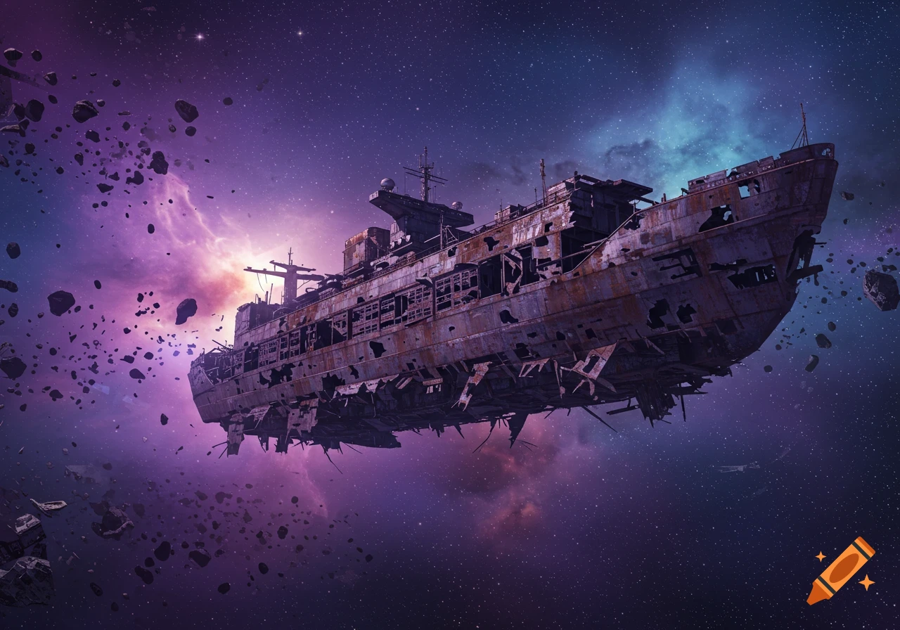A derelict, rusted ship floats amidst asteroids and a colorful nebula in deep space.