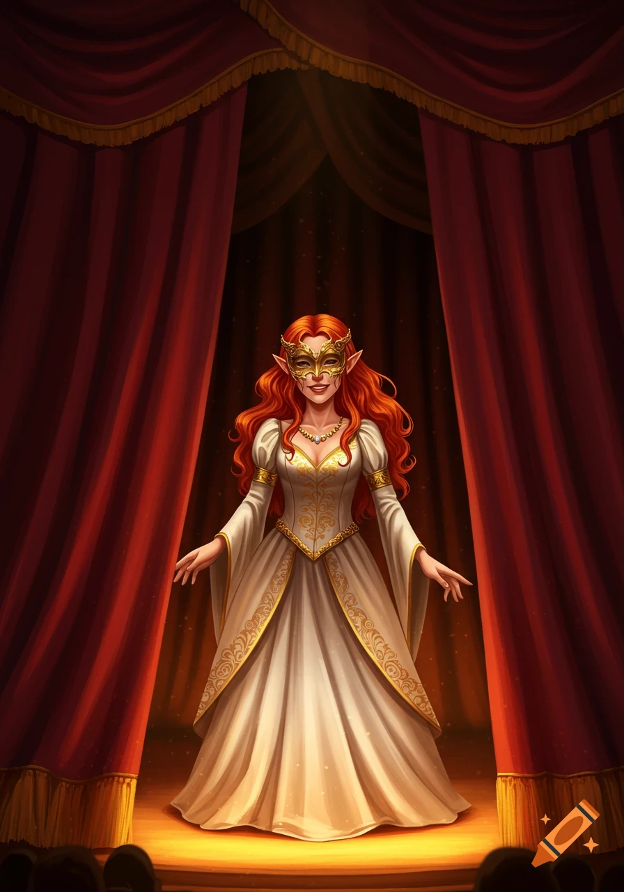 A smiling elven woman with long red hair and a gold mask stands on a spotlighted medieval theater stage with red curtains.