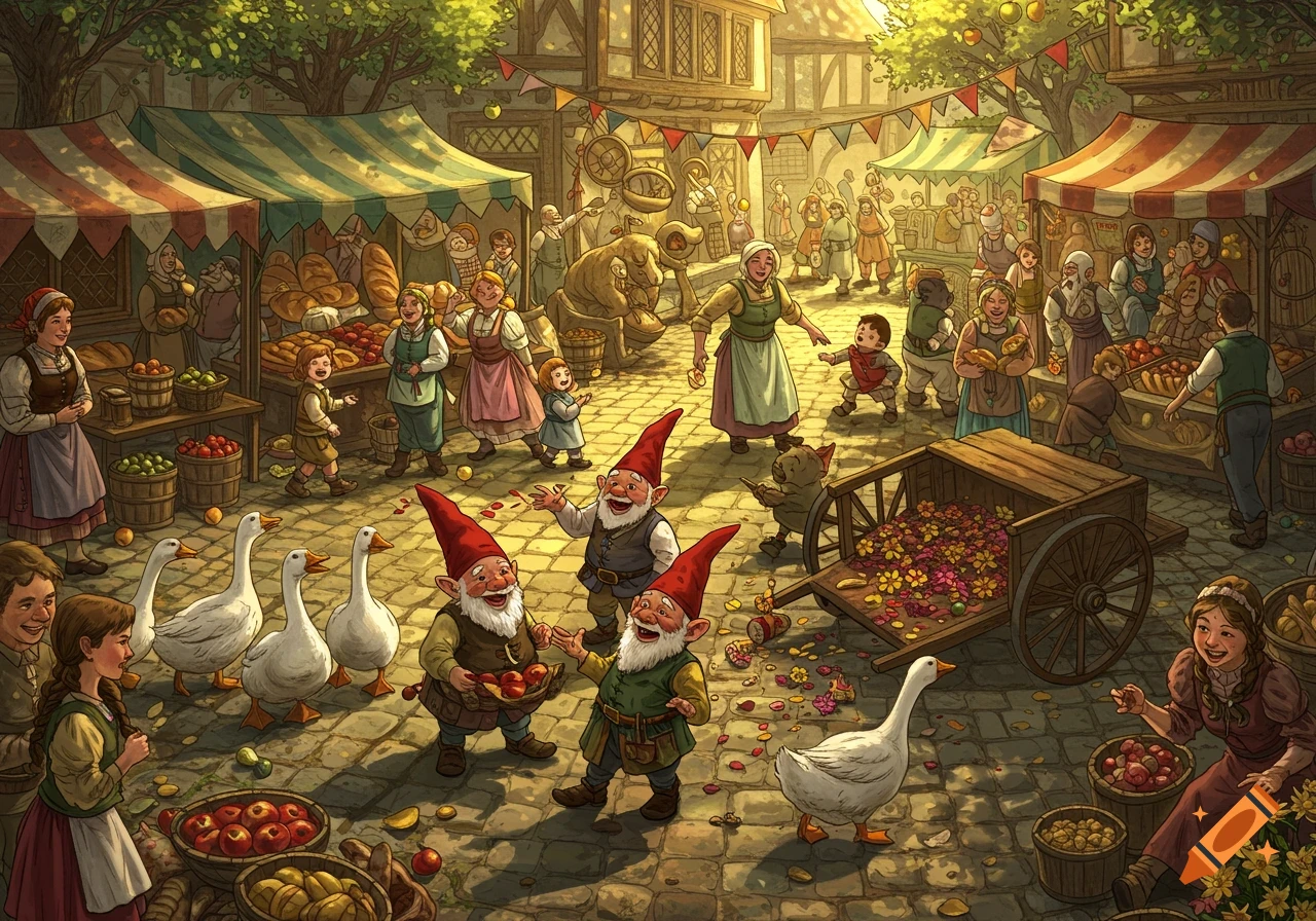 A vibrant, detailed illustration of a bustling fantasy market scene with people, gnomes, geese, and stalls filled with goods.