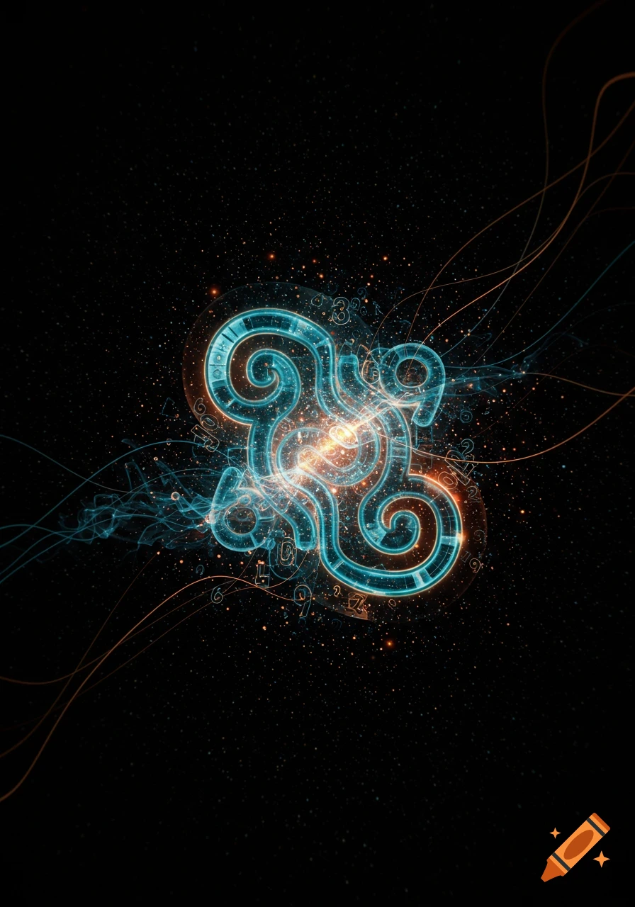 A glowing blue and orange abstract symbol with swirling patterns and radiating lines on a dark, starry background.