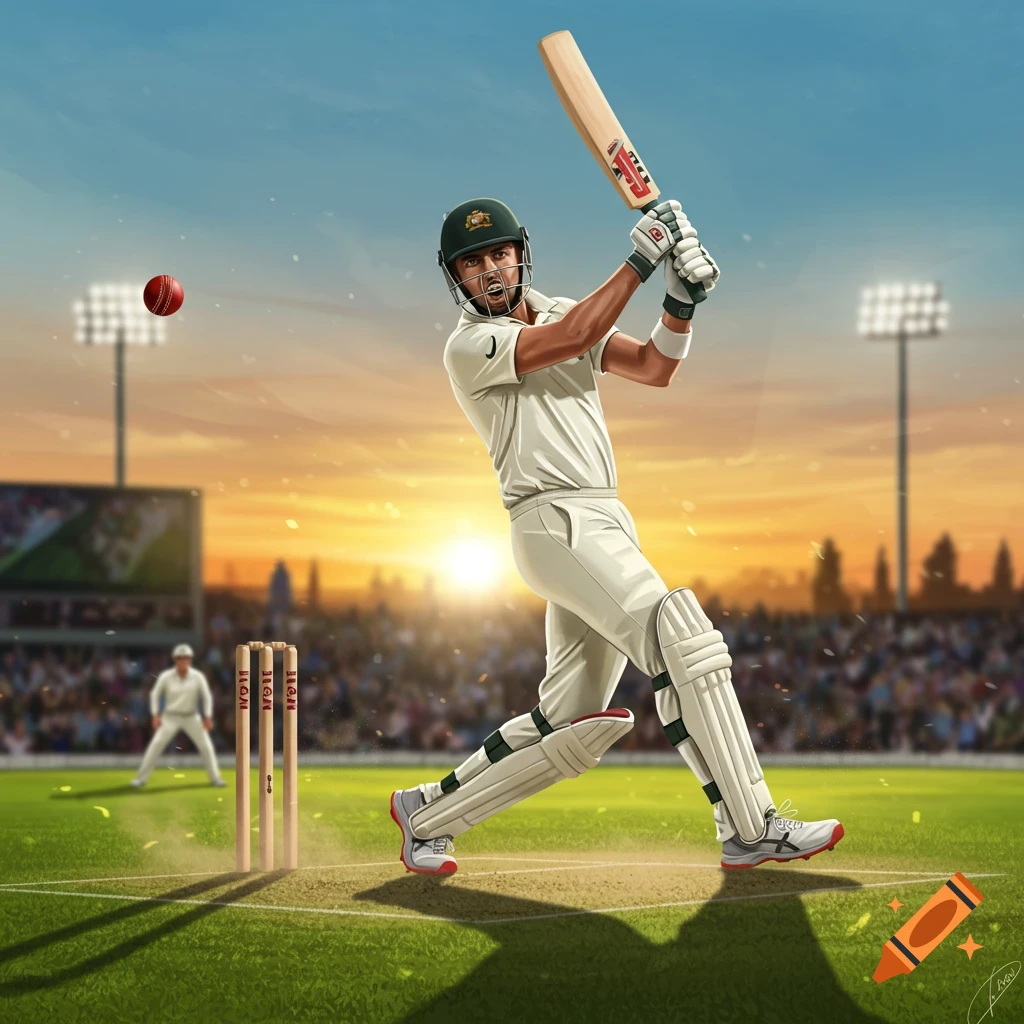 An illustrative image of a cricket batsman in white uniform hitting a ball at sunset on a green field with stadium lights.