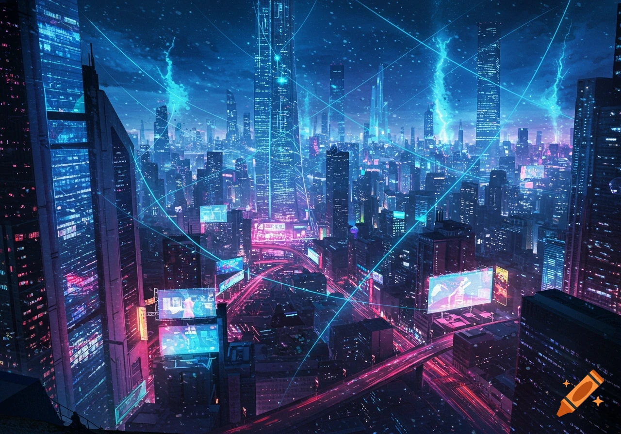 An aerial view of a sprawling futuristic city at night, illuminated by glowing blue and pink neon lights. Blue laser-like lines crisscross the sky and connect buildings.