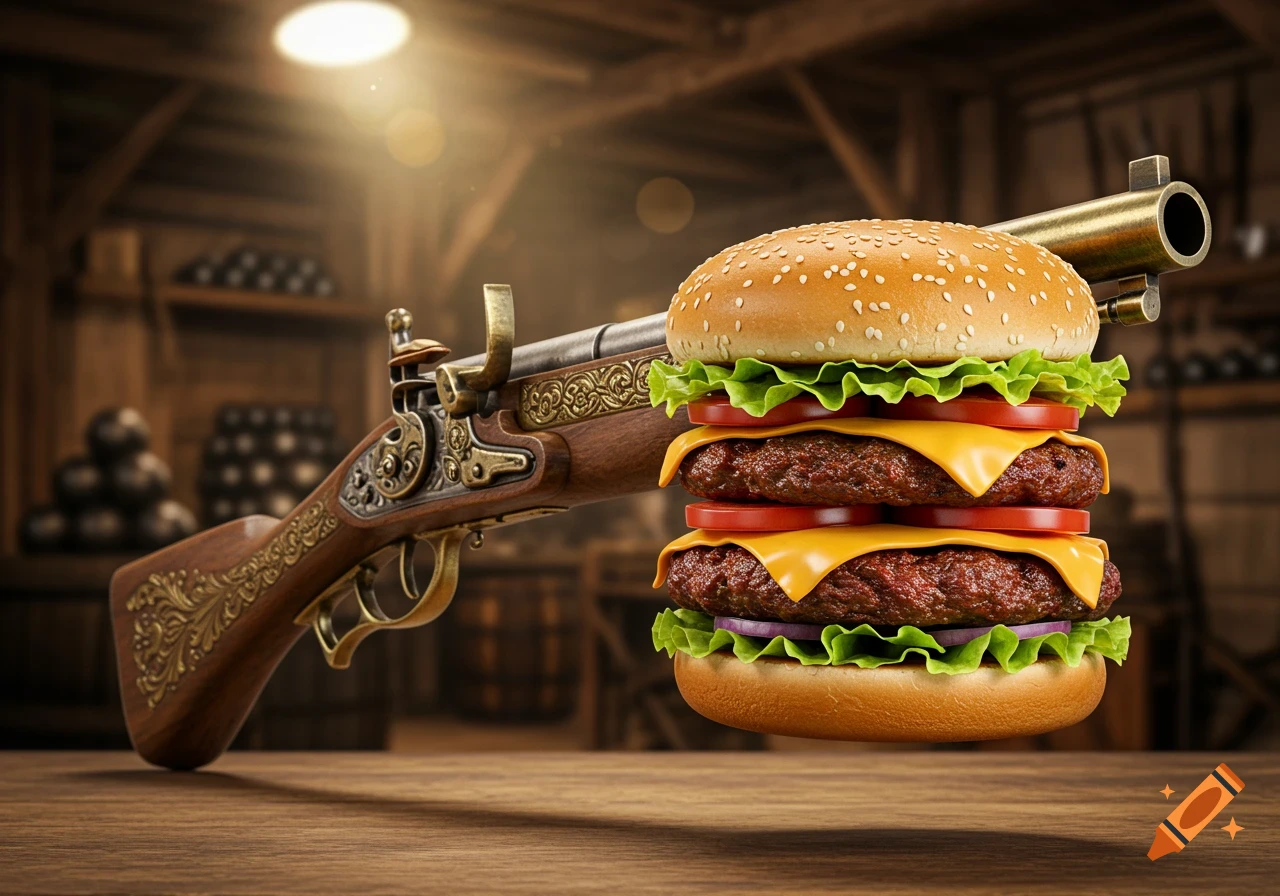 A photorealistic image of a vintage musket with a double cheeseburger loaded into its barrel, sitting on a wooden table in a rustic room.