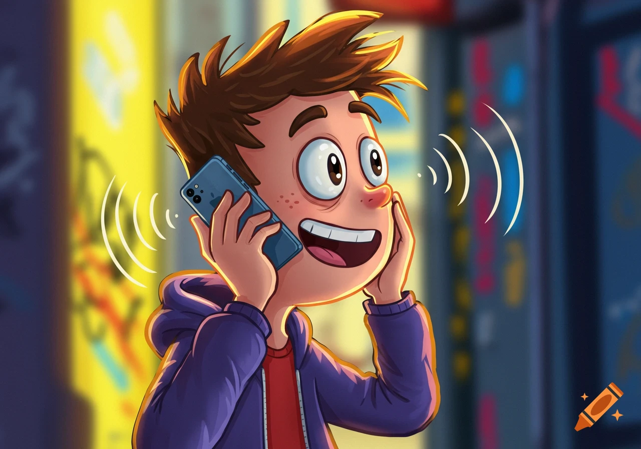 A happy cartoon boy in a purple hoodie talks on a blue smartphone with sound waves, against a blurred city background.
