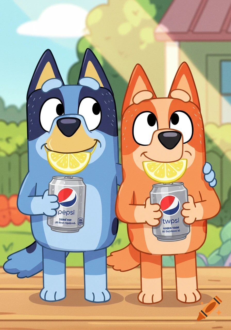 Cartoon dogs, Bluey characters Bandit and Chili, hold soda cans and smile with lemon wedges in their mouths.