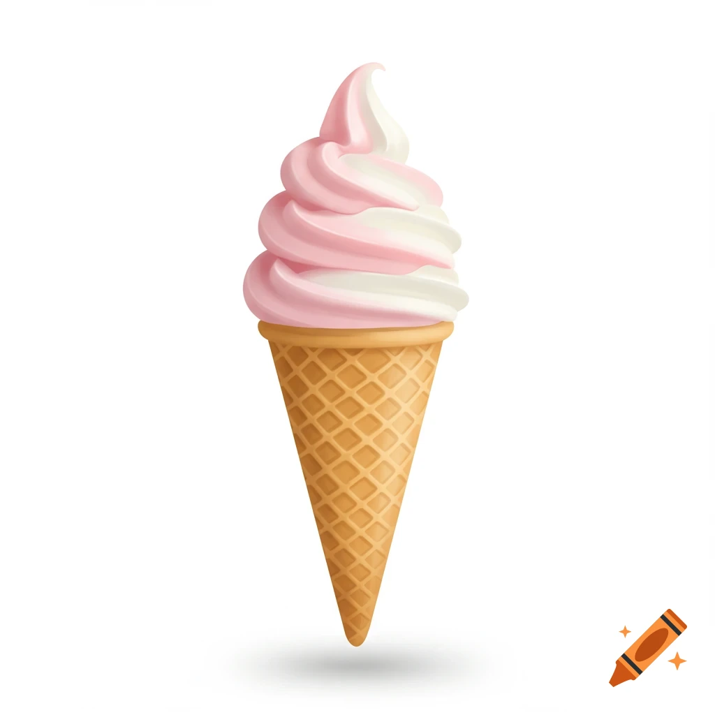 A pink and white swirl soft-serve ice cream cone.