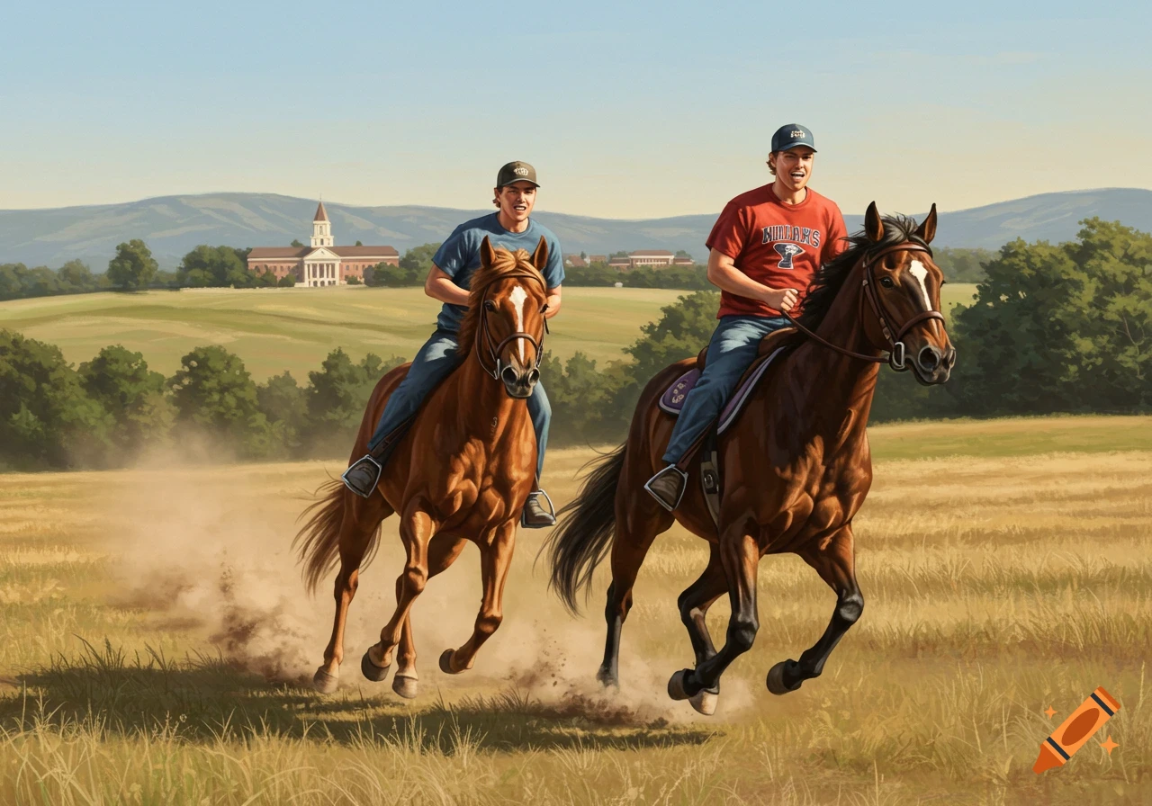 Two young men in casual attire ride horses through a golden field, kicking up dust, with rolling hills and a large building in the background under a clear sky.
