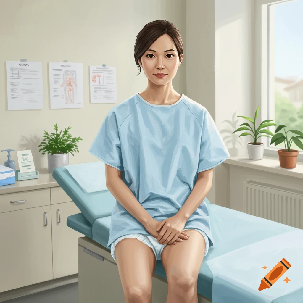 A young woman in a light blue medical gown and white undergarments sits on an examination table in a doctor's office, looking forward.