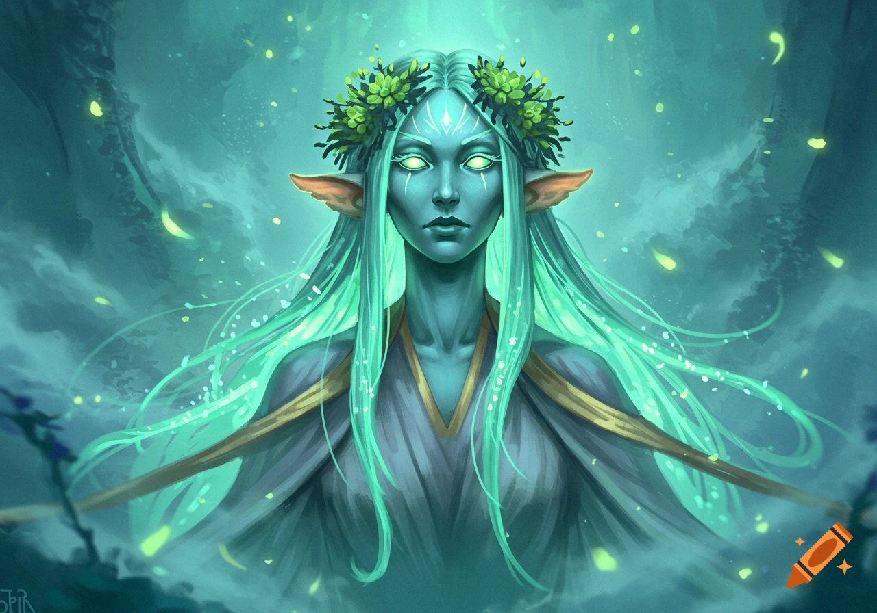 Fantasy portrait of an ethereal teal-skinned woman with glowing eyes, long teal hair, and a green flower crown.