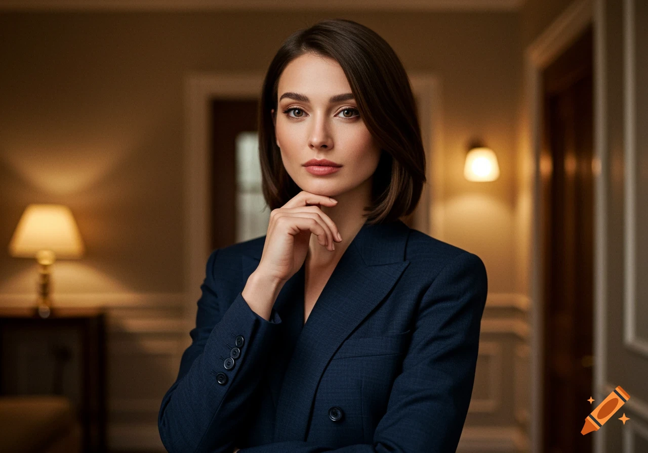 A professional woman with short dark hair in a navy blue suit, looking at the camera with her hand on her chin, in a dimly lit room.